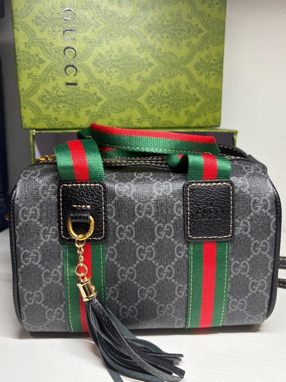 Mini compact Boston with Green & Red Webbing